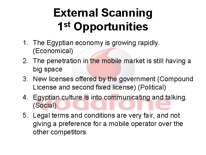 External Scanning 1 st Opportunities 1. The Egyptian economy is growing rapidly. (Economical) 2.