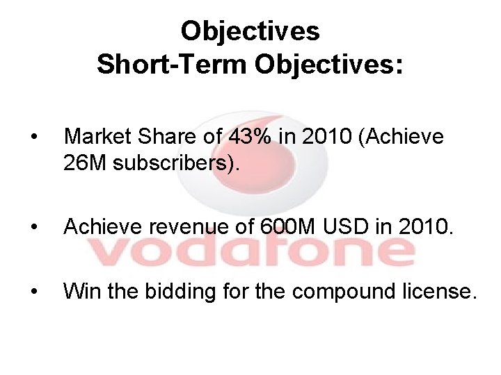 Objectives Short-Term Objectives: • Market Share of 43% in 2010 (Achieve 26 M subscribers).