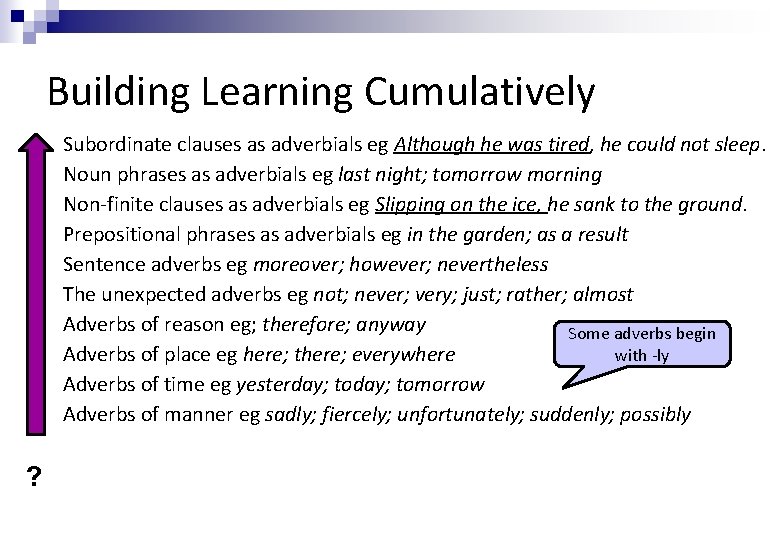Building Learning Cumulatively Subordinate clauses as adverbials eg Although he was tired, he could