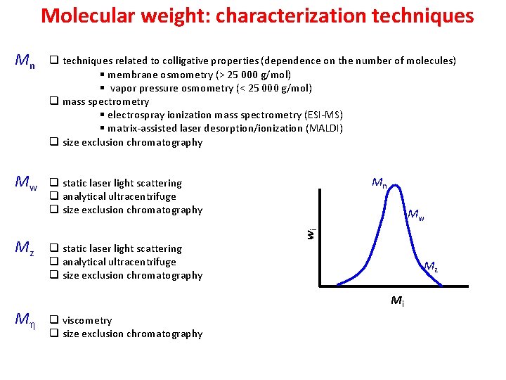 Molecular weight: characterization techniques Mn q techniques related to colligative properties (dependence on the
