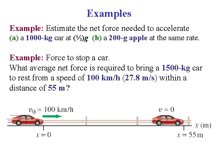 Examples Example: Estimate the net force needed to accelerate (a) a 1000 -kg car