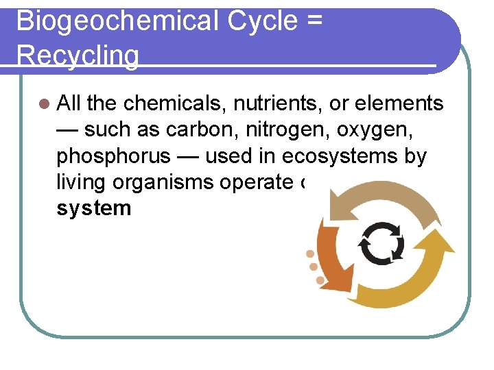 Biogeochemical Cycle = Recycling l All the chemicals, nutrients, or elements — such as
