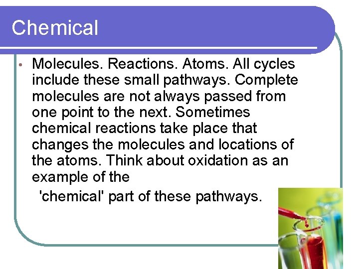Chemical • Molecules. Reactions. Atoms. All cycles include these small pathways. Complete molecules are