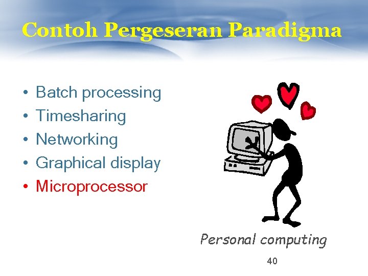 Contoh Pergeseran Paradigma • • • Batch processing Timesharing Networking Graphical display Microprocessor Personal