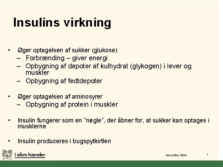 Insulins virkning • Øger optagelsen af sukker (glukose) – Forbrænding – giver energi –