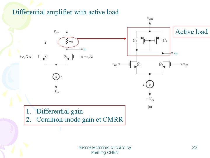 Differential amplifier with active load Active load 1. Differential gain 2. Common-mode gain et