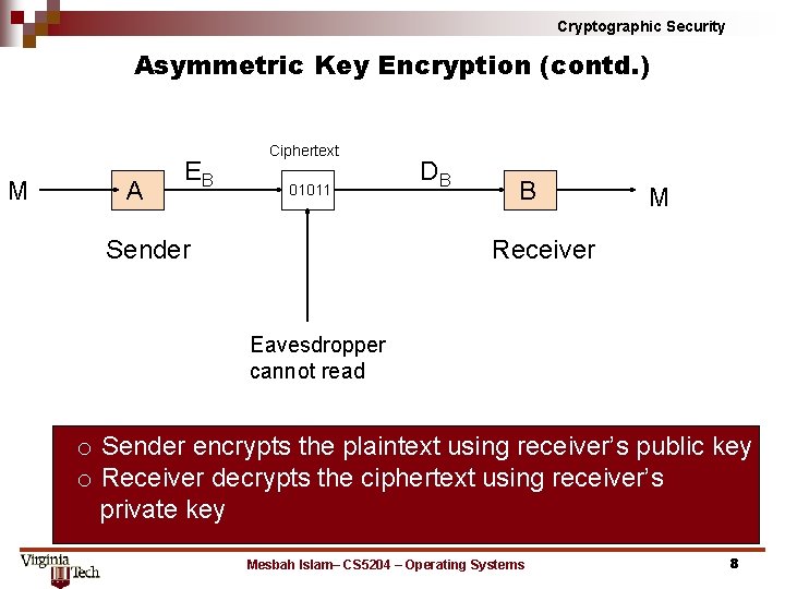 Cryptographic Security Asymmetric Key Encryption (contd. ) M A EB Ciphertext 01011 Sender DB