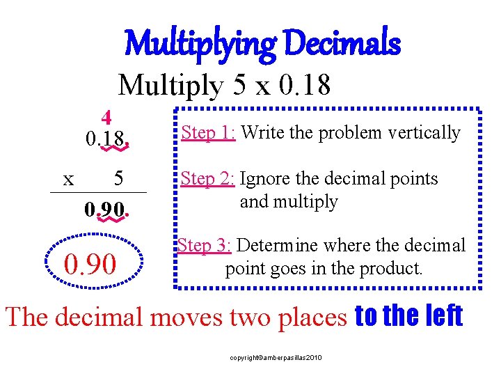 Multiplying Decimals Multiply 5 x 0. 18 x 4 0. 18 Step 1: Write