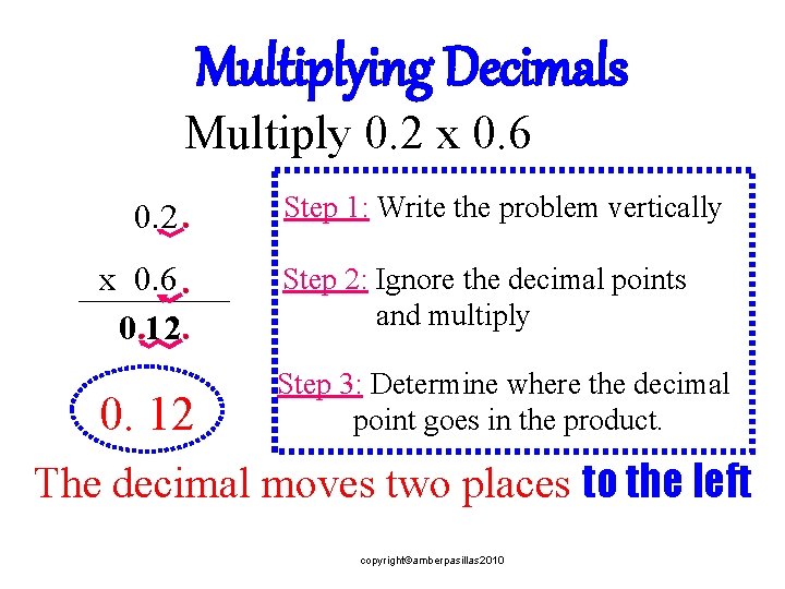 Multiplying Decimals Multiply 0. 2 x 0. 6 0. 2 Step 1: Write the