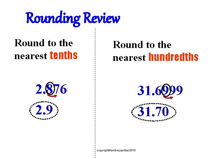Rounding Review Round to the nearest tenths Round to the nearest hundredths 2. 876