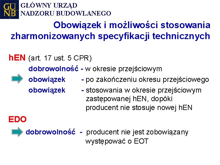 GŁÓWNY URZĄD NADZORU BUDOWLANEGO Obowiązek i możliwości stosowania zharmonizowanych specyfikacji technicznych h. EN (art.