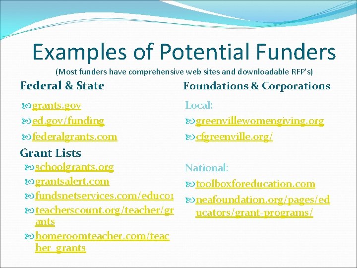 Examples of Potential Funders (Most funders have comprehensive web sites and downloadable RFP’s) Federal