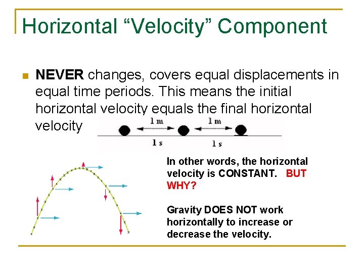 Horizontal “Velocity” Component n NEVER changes, covers equal displacements in equal time periods. This Horizontal “Velocity” Component n NEVER changes, covers equal displacements in equal time periods. This