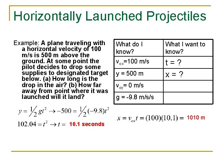Horizontally Launched Projectiles Example: A plane traveling with a horizontal velocity of 100 m/s Horizontally Launched Projectiles Example: A plane traveling with a horizontal velocity of 100 m/s