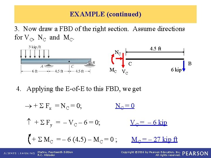 EXAMPLE (continued) 3. Now draw a FBD of the right section. Assume directions for