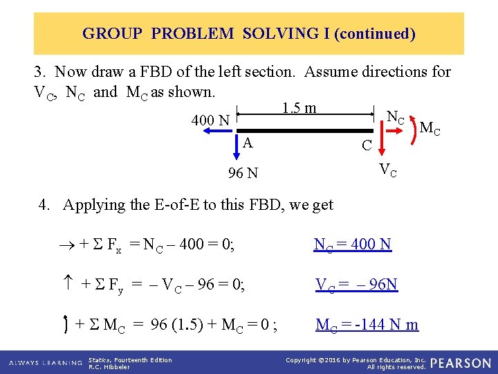 GROUP PROBLEM SOLVING I (continued) 3. Now draw a FBD of the left section.