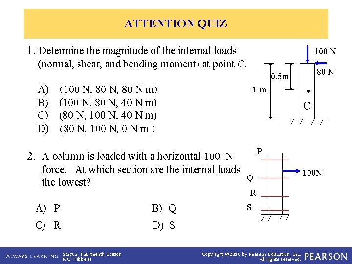 ATTENTION QUIZ 1. Determine the magnitude of the internal loads 100 N (normal, shear,