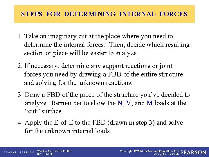 STEPS FOR DETERMINING INTERNAL FORCES 1. Take an imaginary cut at the place where