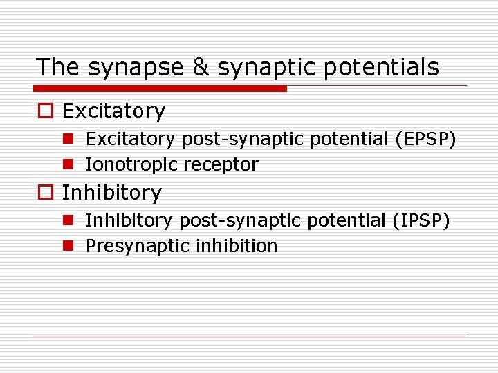 The synapse & synaptic potentials o Excitatory n Excitatory post-synaptic potential (EPSP) n Ionotropic