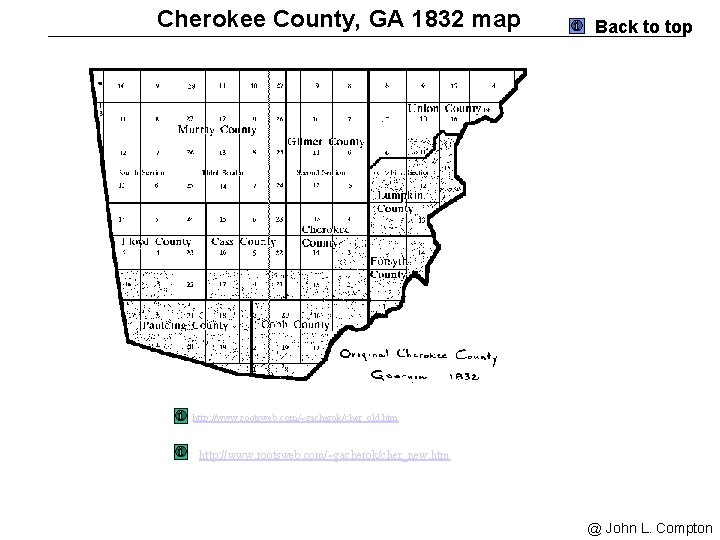 Cherokee County, GA 1832 map Back to top http: //www. rootsweb. com/~gacherok/cher_old. htm http: