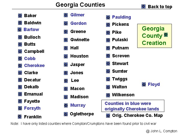 Georgia Counties Back to top Baker Gilmer Paulding Baldwin Gordon Pickens Bartow Greene Pike