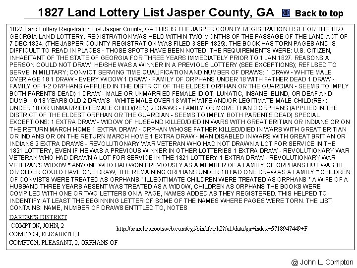 1827 Land Lottery List Jasper County, GA Back to top 1827 Land Lottery Registration
