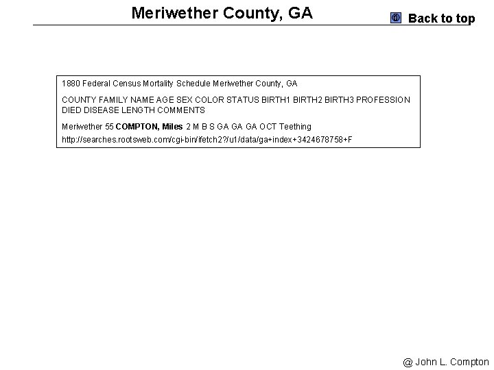 Meriwether County, GA Back to top 1880 Federal Census Mortality Schedule Meriwether County, GA