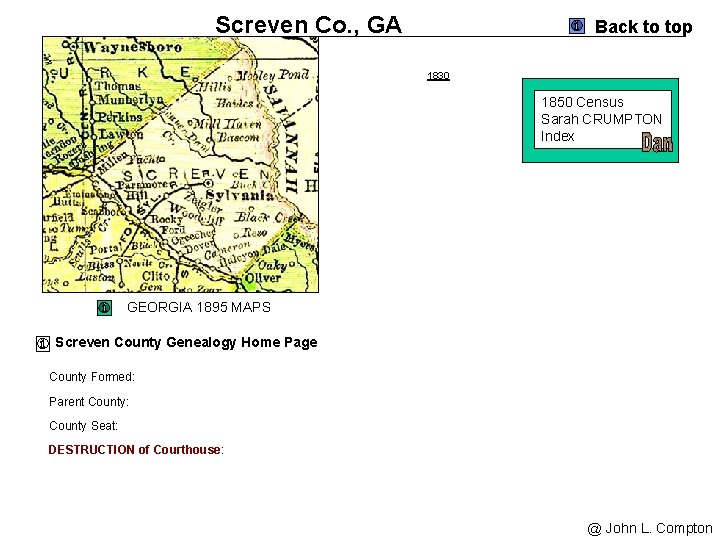 Screven Co. , GA Back to top 1830 1850 Census Sarah CRUMPTON Index GEORGIA