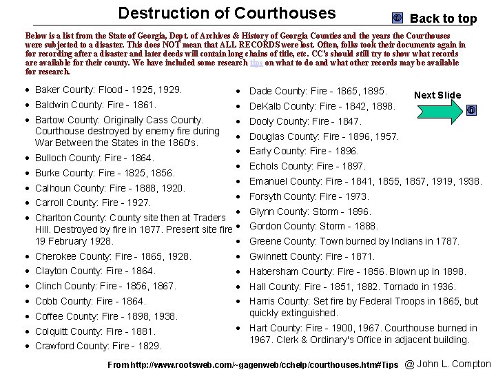 Destruction of Courthouses Back to top Below is a list from the State of