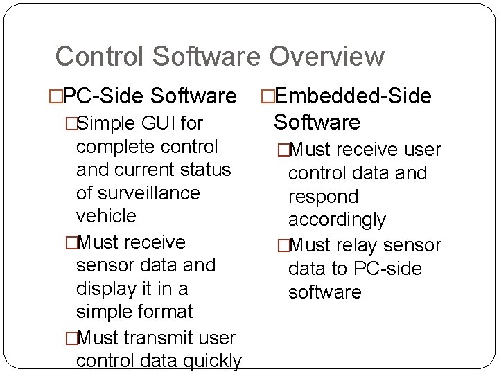 Control Software Overview �PC-Side Software �Embedded-Side �Simple GUI for Software complete control �Must receive
