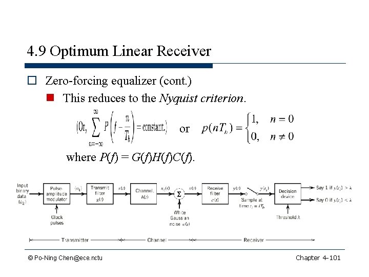 4. 9 Optimum Linear Receiver o Zero-forcing equalizer (cont. ) n This reduces to