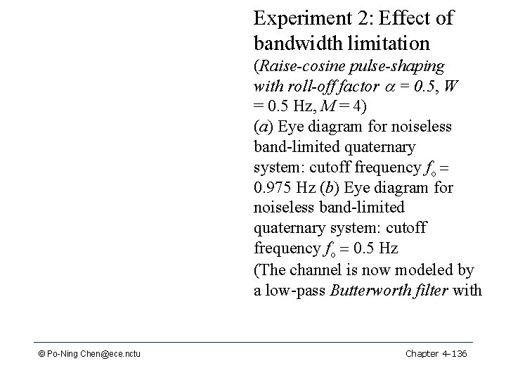Experiment 2: Effect of bandwidth limitation (Raise-cosine pulse-shaping with roll-off factor a = 0.
