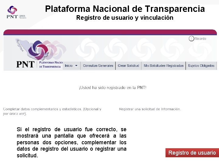 Plataforma Nacional de Transparencia Registro de usuario y vinculación Si el registro de usuario