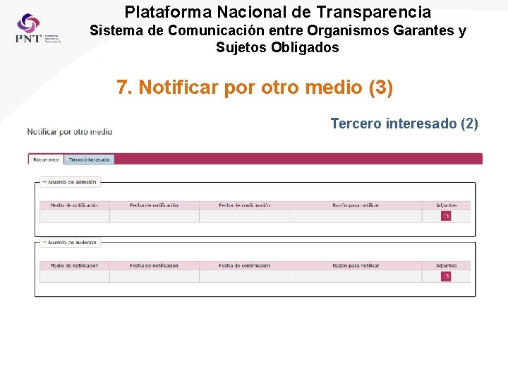 Plataforma Nacional de Transparencia Sistema de Comunicación entre Organismos Garantes y Sujetos Obligados 7.