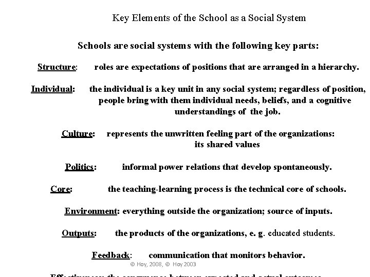 Key Elements of the School as a Social System Schools are social systems with