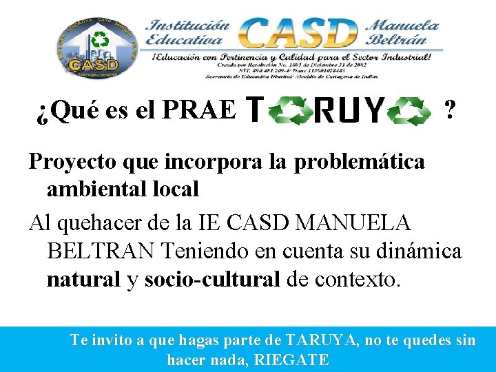 ¿Qué es el PRAE ? Proyecto que incorpora la problemática ambiental local Al quehacer