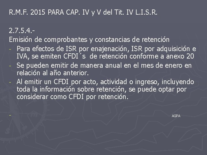 R. M. F. 2015 PARA CAP. IV y V del Tit. IV L. I.