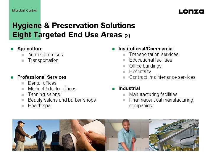 Microbial Control Hygiene & Preservation Solutions Eight Targeted End Use Areas (2) Agriculture Animal