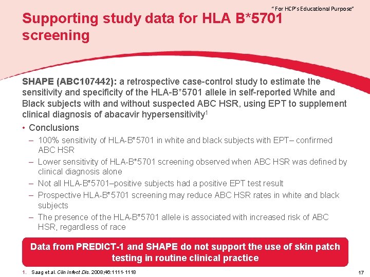 “ For HCP’s Educational Purpose” Supporting study data for HLA B*5701 screening SHAPE (ABC