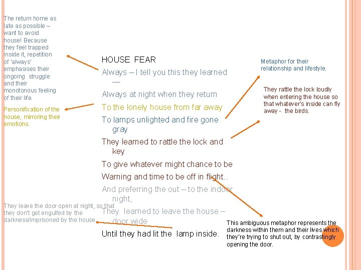 The return home as late as possible – want to avoid house! Because they