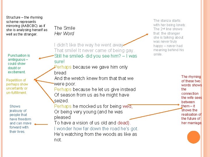 Structure – the rhyming scheme represents mirroring (AABCBC) as if she is analysing herself