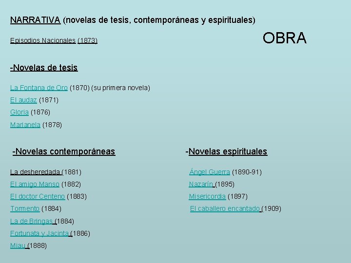 NARRATIVA (novelas de tesis, contemporáneas y espirituales) Episodios Nacionales (1873) OBRA -Novelas de tesis