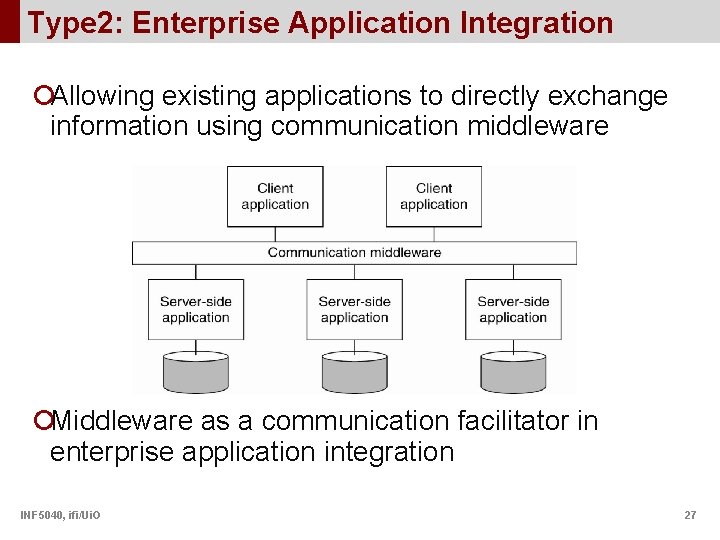 Type 2: Enterprise Application Integration ¡Allowing existing applications to directly exchange information using communication