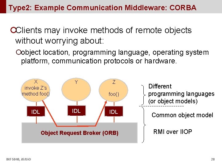 Type 2: Example Communication Middleware: CORBA ¡Clients may invoke methods of remote objects without