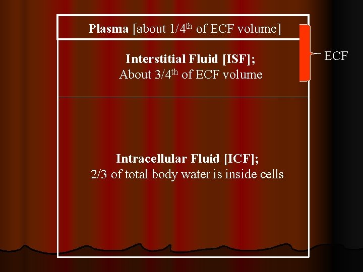 Plasma [about 1/4 th of ECF volume] Interstitial Fluid [ISF]; About 3/4 th of