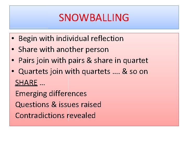 SNOWBALLING • • Begin with individual reflection Share with another person Pairs join with