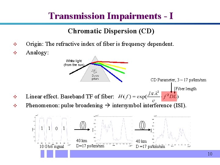 Transmission Impairments - I Chromatic Dispersion (CD) v v Origin: The refractive index of