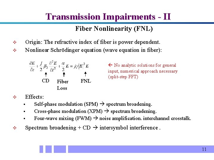 Transmission Impairments - II Fiber Nonlinearity (FNL) v v Origin: The refractive index of