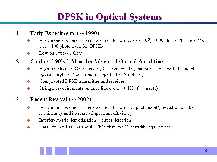 DPSK in Optical Systems 1. Early Experiments ( ~ 1990) v v 2. For