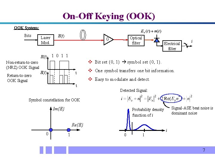 On-Off Keying (OOK) OOK System: Bits Laser Mod. E(t) Electrical filter i 1 0